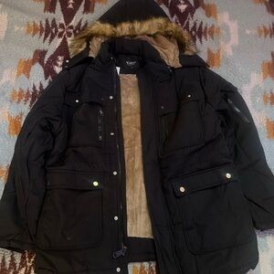Black Hooded Parka with Faux Fur Trim